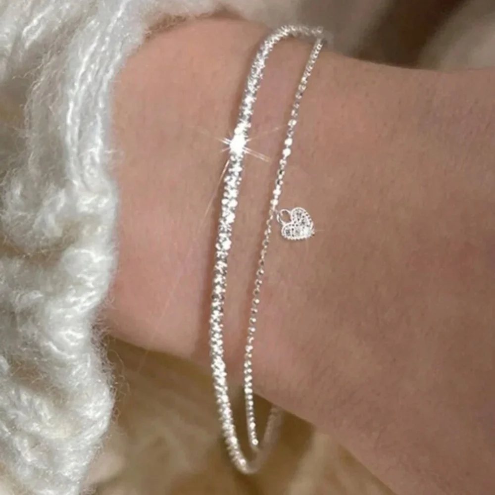 2pcs Bright Silver Heart Charm Bracelets For Women, Ideal For Vacation/dating - Picture 3 of 3